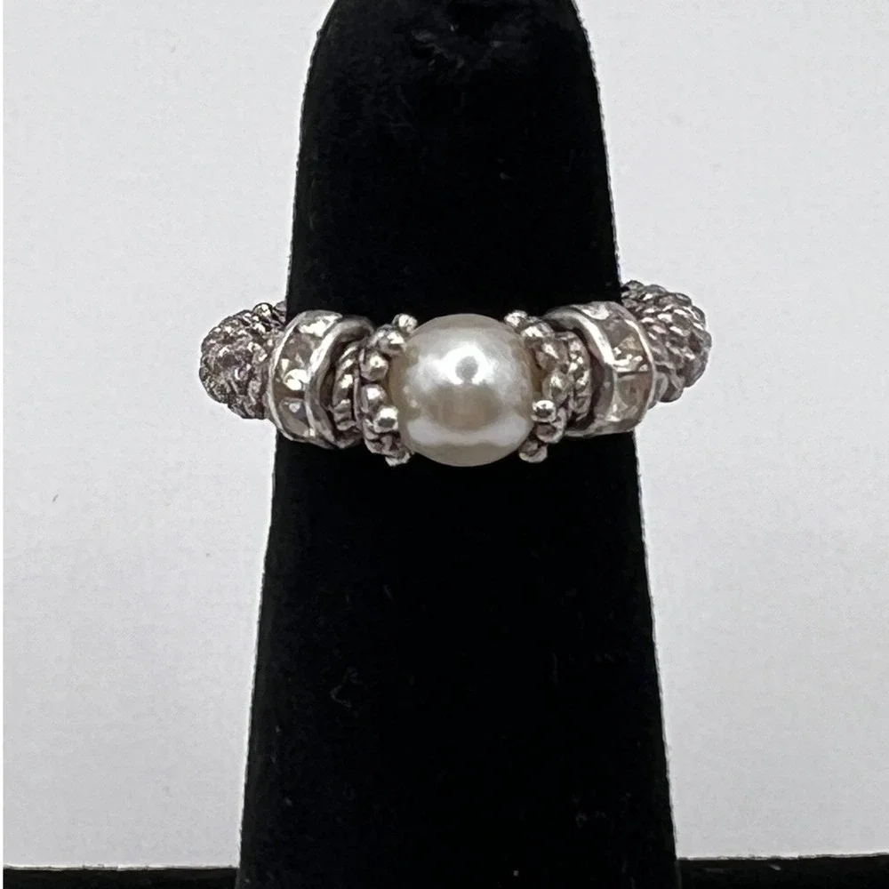Cindy David Designs Stretch Ring Womens Sz 4 Silver Pearl Crystal Excellent Bali
